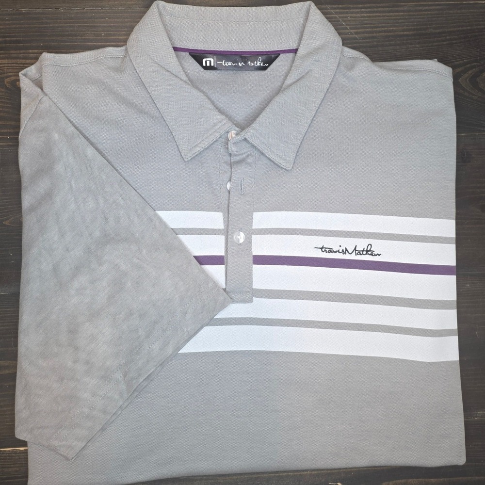 Travis Mathew Polo Gray white and purple XXL Logo on Sleeve Dallas Athletic Club - Picture 4 of 9
